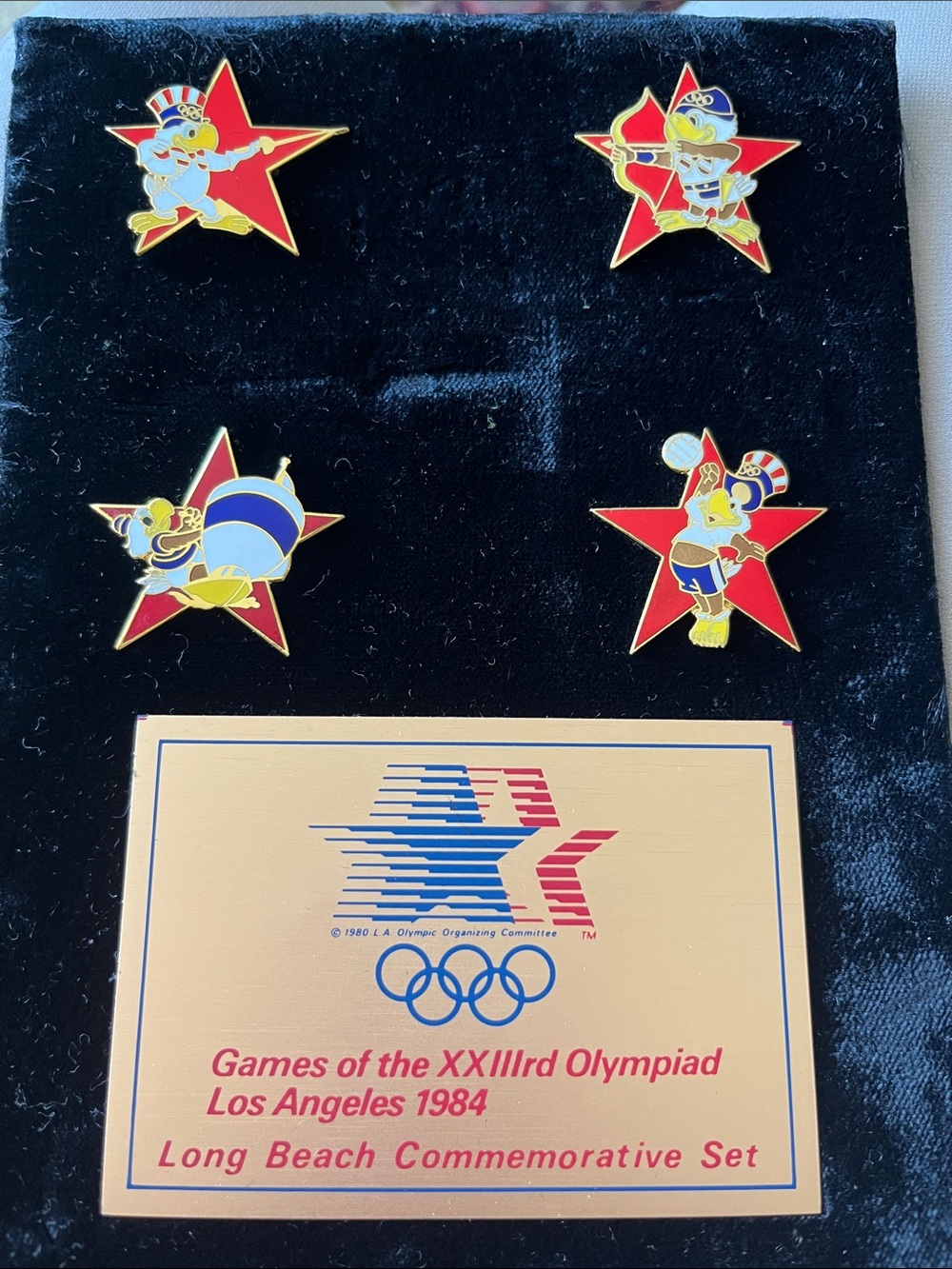 Los Angeles 1984 Olympic Long Beach Commemorative Pin Set - Red, Blue, Gold